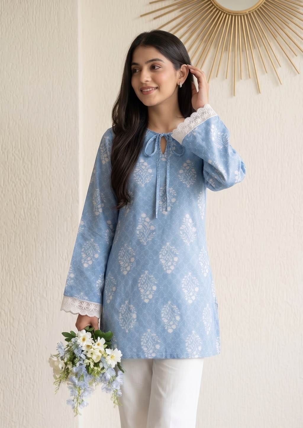 Women Cotton Printed Short Kurti With Bell Sleeve & Lace Border Mauve Pink
