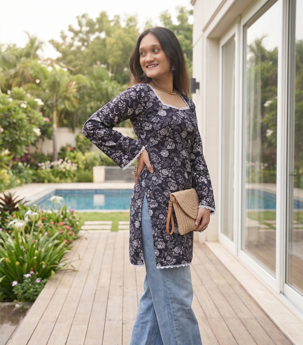 Black Print Bell sleeve trending short kurti for office and party wear