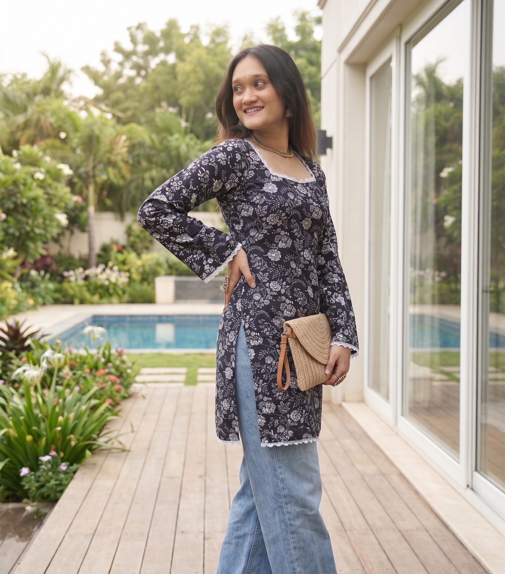 Black Print Bell sleeve trending short kurti for office and party wear