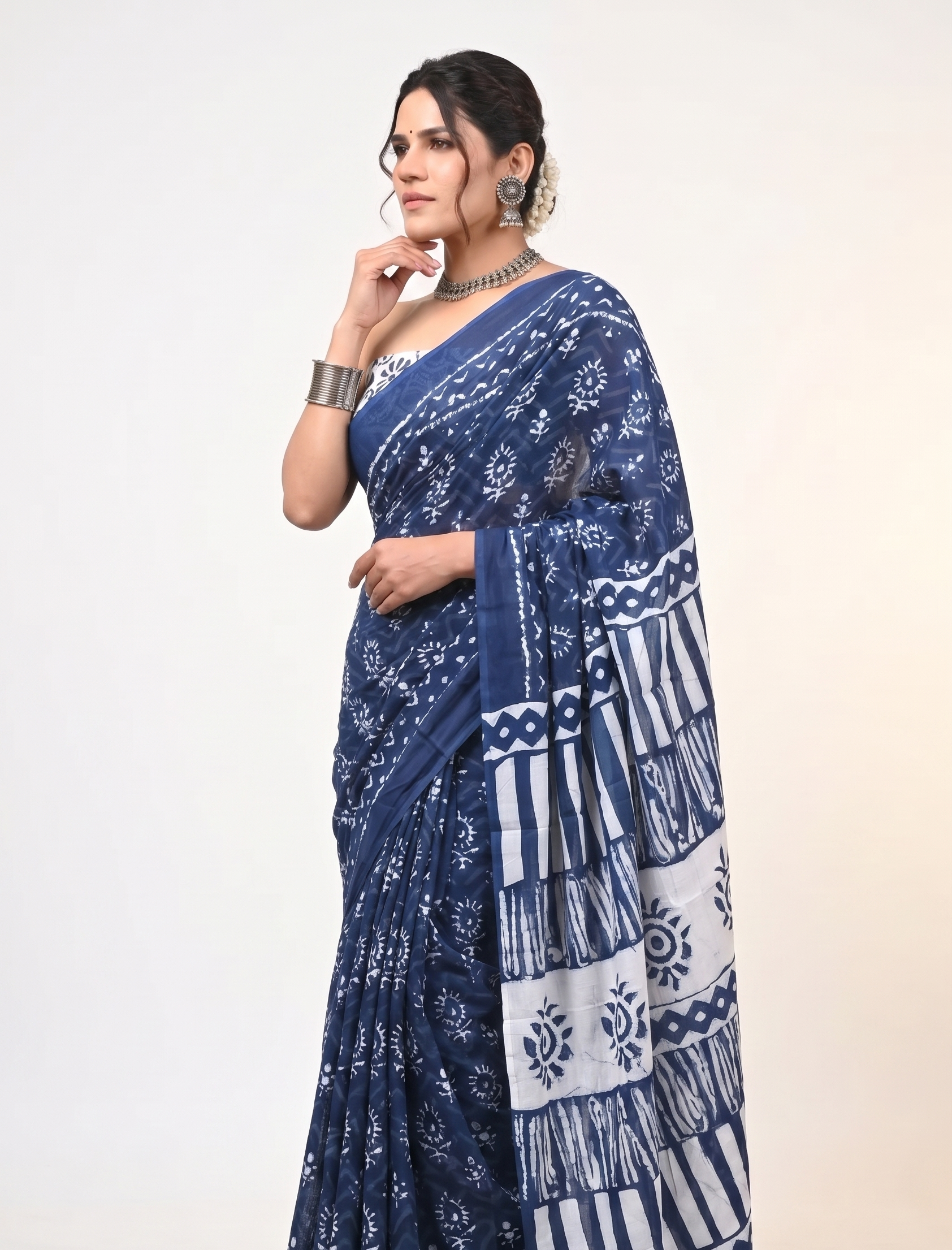 Jaipuri Hand Block Printed Daily Wear Soft Cotton Mulmul Saree ,Sanganeri Cotton Mulmul Saree, Indigo Print saree,Bagru Cotton Saree, Batic / Batik Print Cotton saree In Super Fine 92*80 Fabric Quality With Attached Blouse Piece for Woman