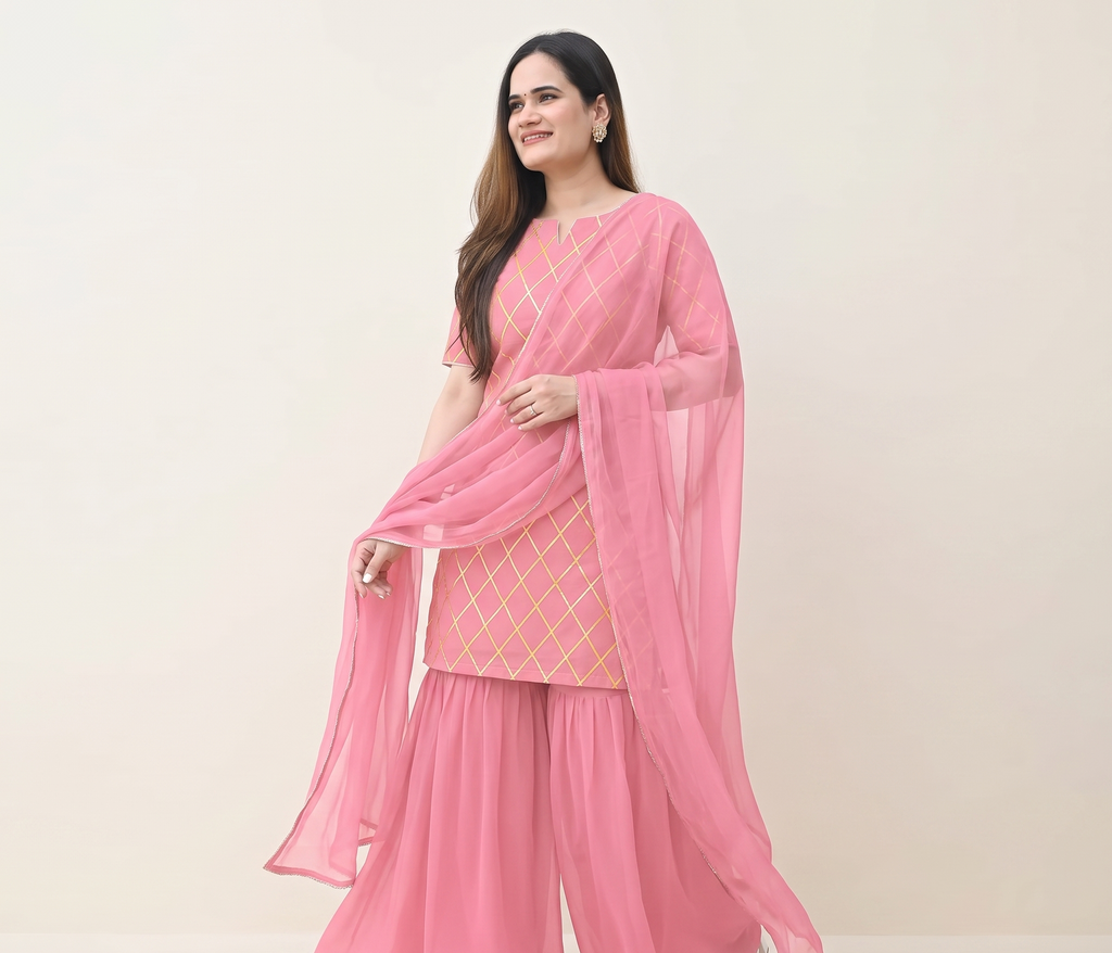 Women's Trendy Design Cotton Kurta Sharara Set With Dupatta