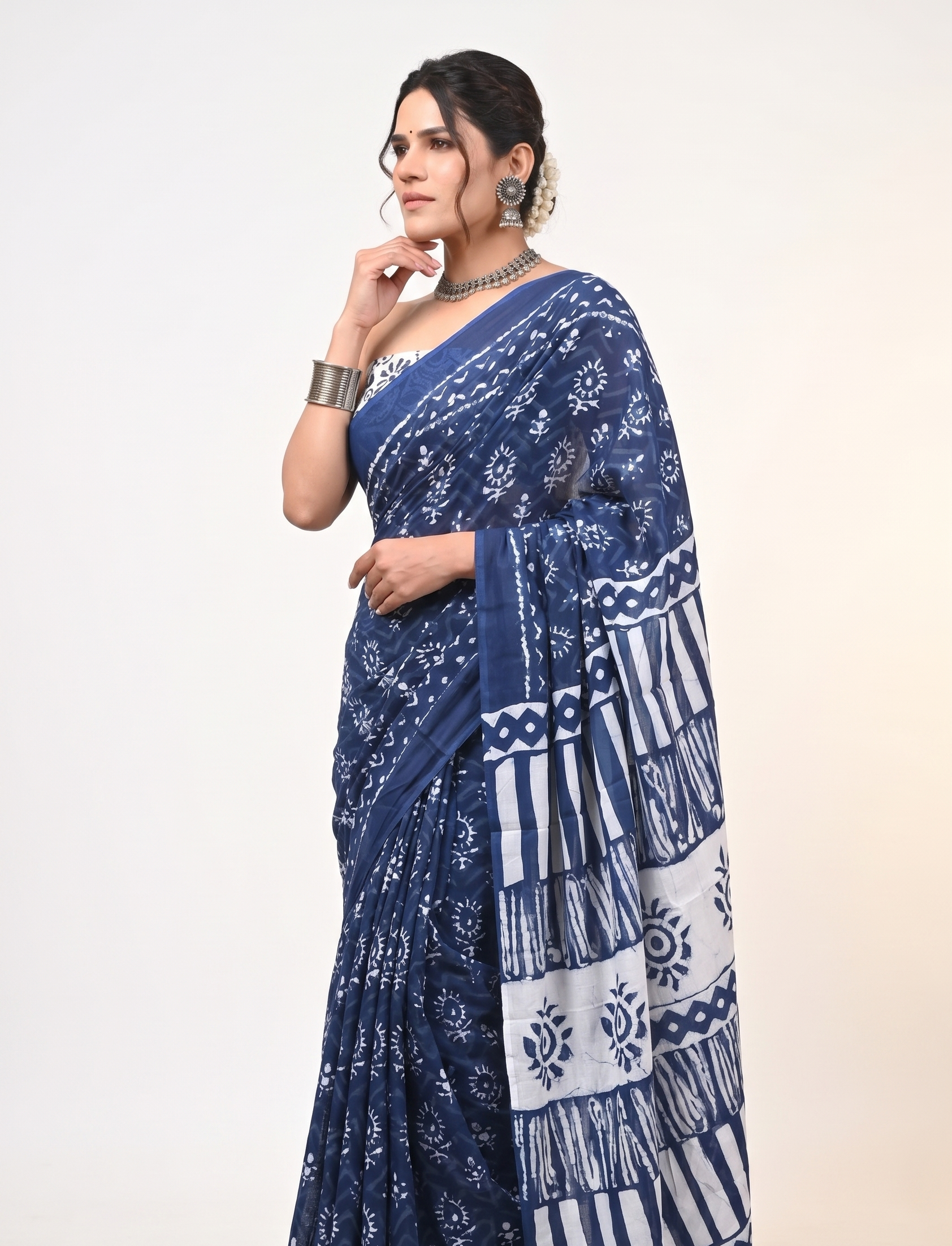Jaipuri Hand Block Printed Daily Wear Soft Cotton Mulmul Saree ,Sanganeri Cotton Mulmul Saree, Indigo Print saree,Bagru Cotton Saree, Batic / Batik Print Cotton saree In Super Fine 92*80 Fabric Quality With Attached Blouse Piece for Woman
