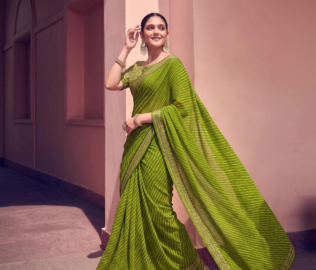 Bandhani Printed saree with Banarasi Lace Border and with unstitched blouse piece New Arrival Latest Georgette Printed Saree Fancy Women's Designer Saree Trending Saree Bollywood Saree daily use saree, fancy saree, naye design of saree nai design of saree