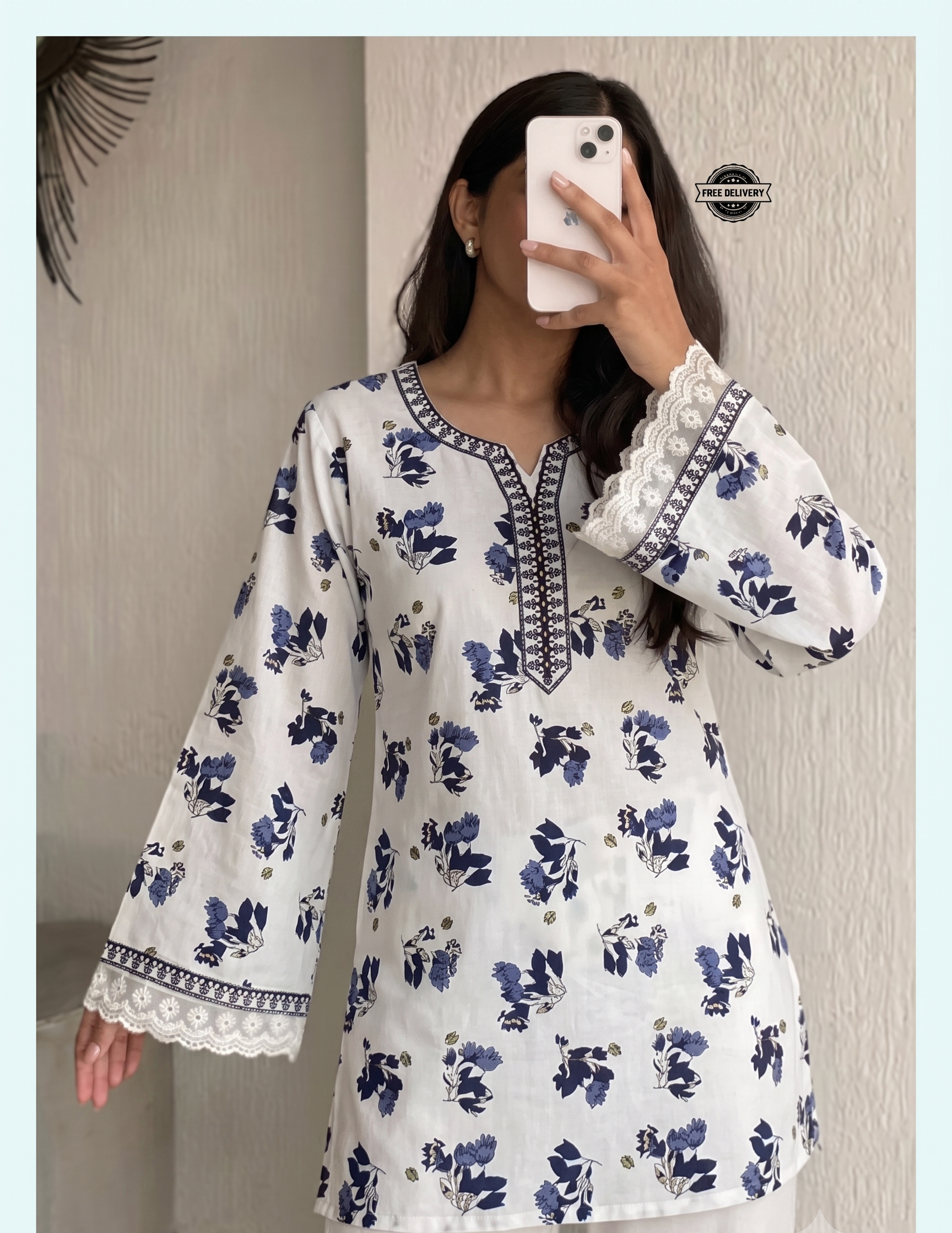 White kurti For Women Cotton Short Floral Printed Bell Sleeve Kurti with Lace