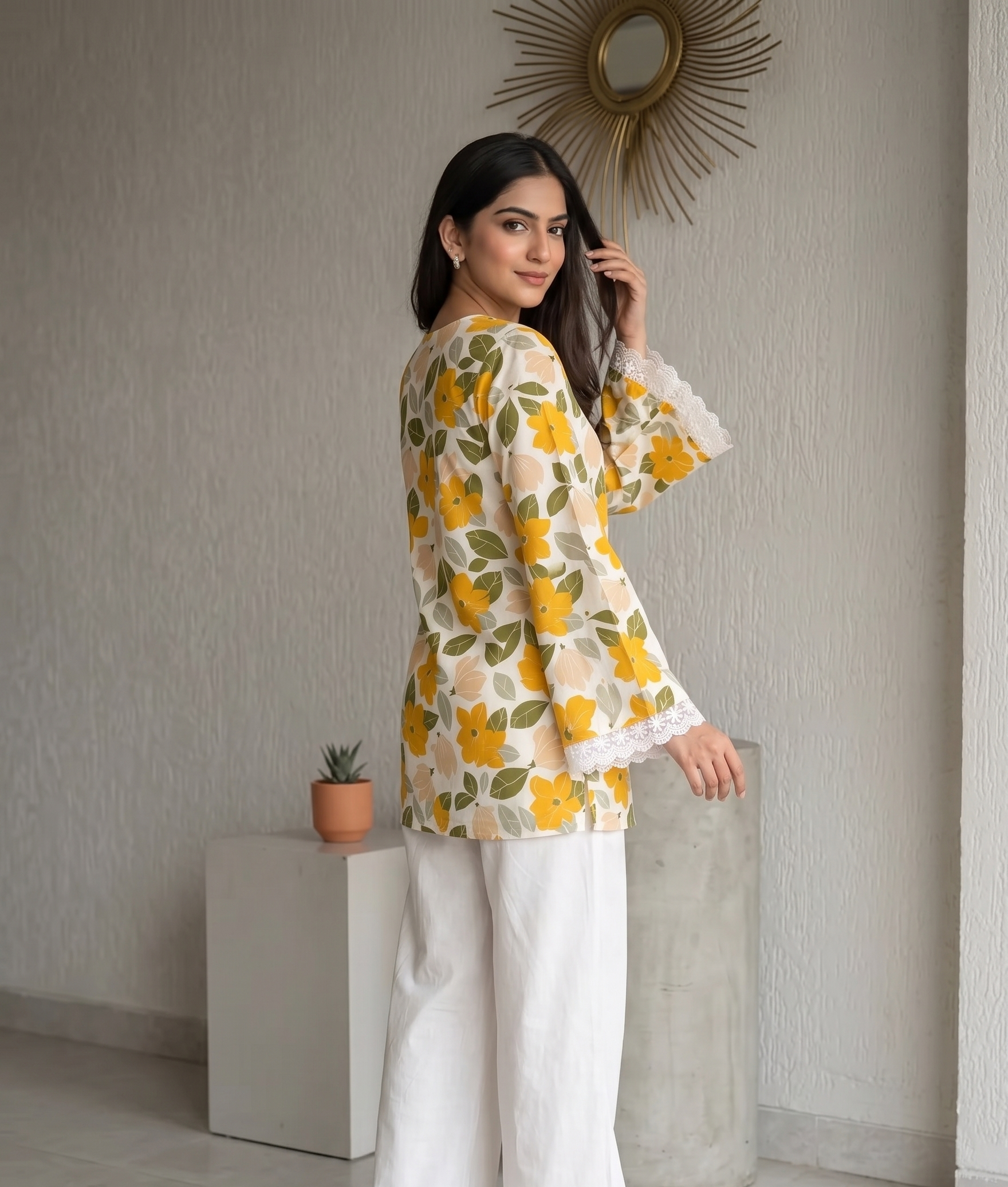 Stylish Cotton Yellow Floral Printed Kurti Top