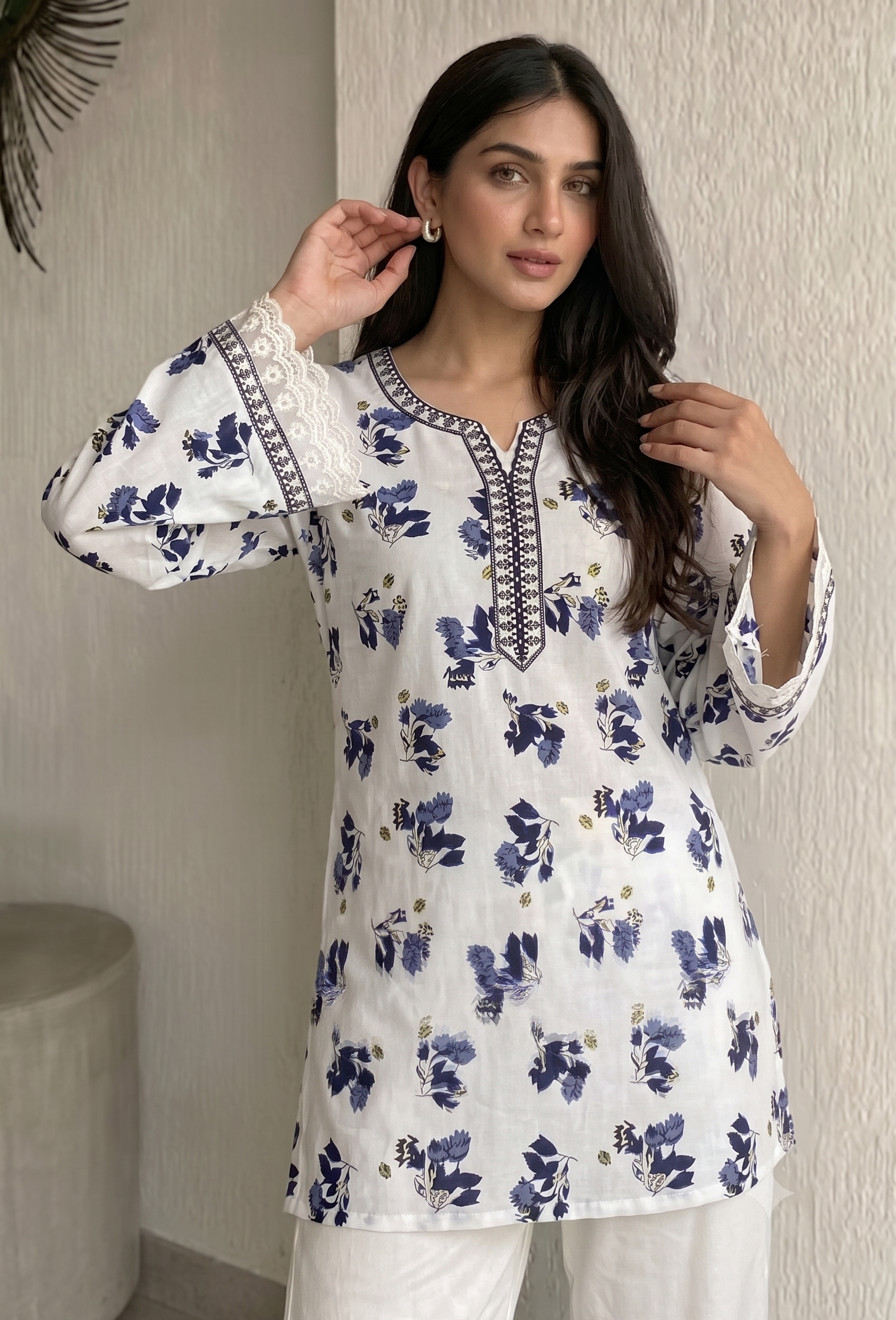 White kurti For Women Cotton Short Floral Printed Bell Sleeve Kurti with Lace