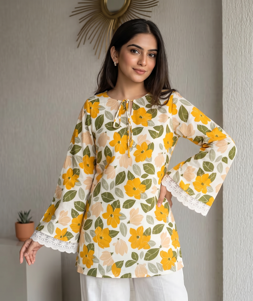 Stylish Cotton Yellow Floral Printed Kurti Top