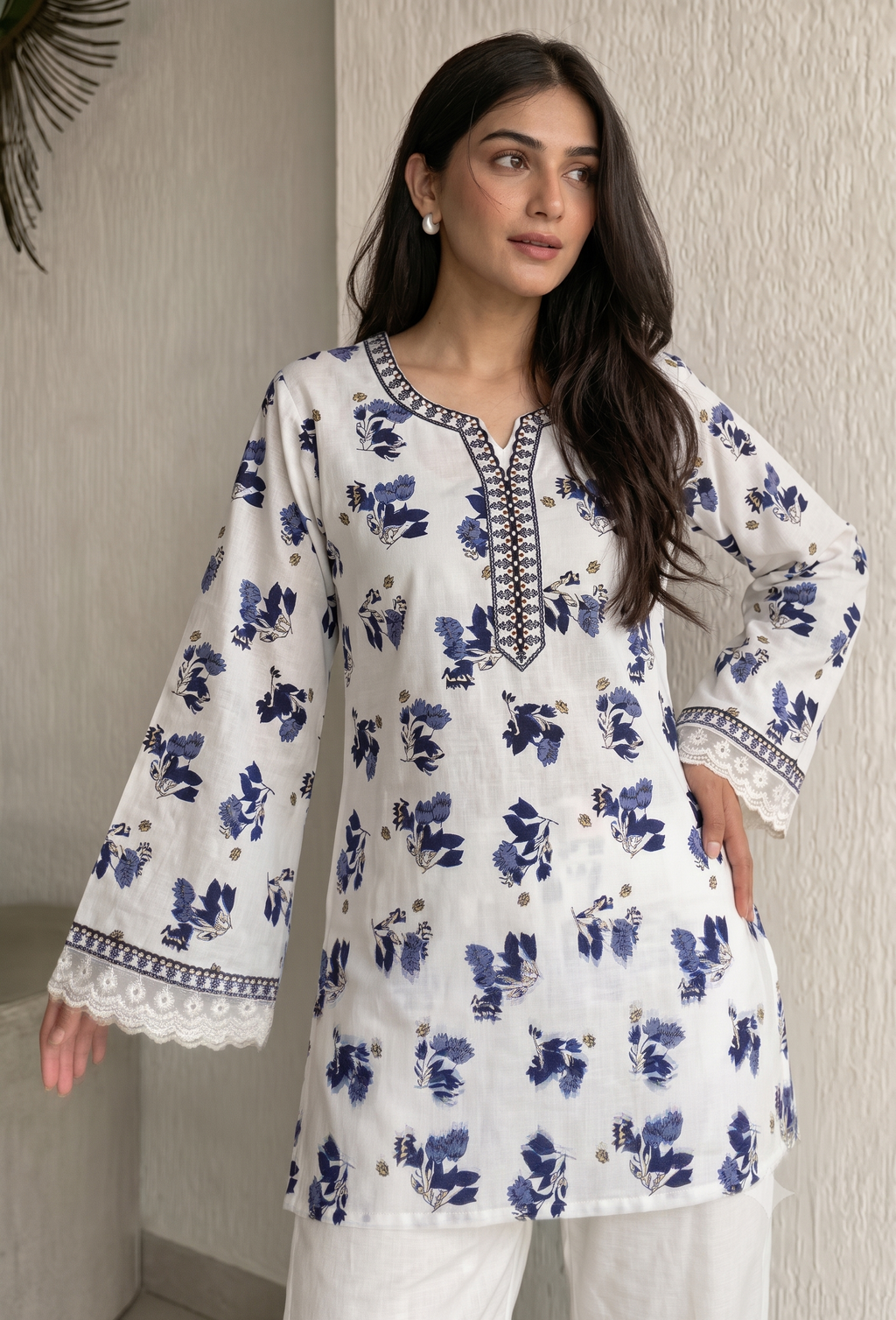 White kurti For Women Cotton Short Floral Printed Bell Sleeve Kurti with Lace