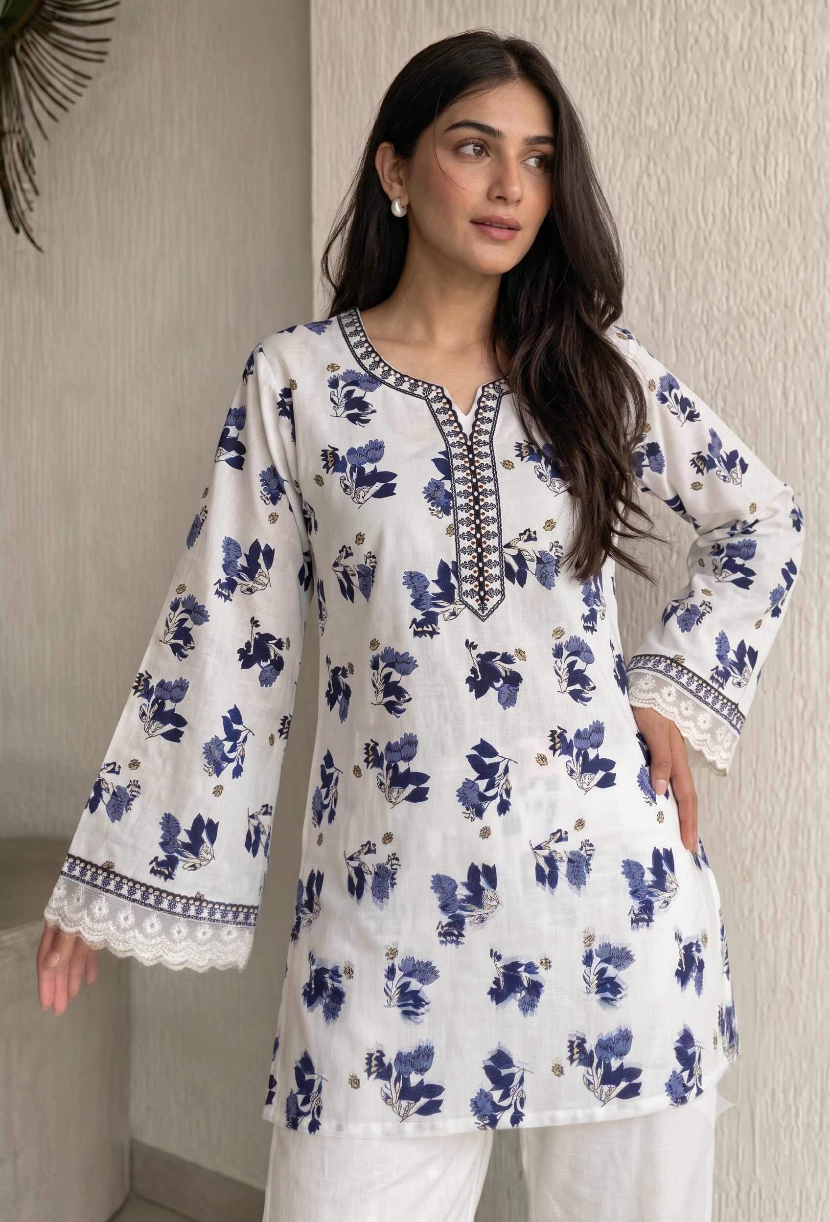 White kurti For Women Cotton Short Floral Printed Bell Sleeve Kurti with Lace
