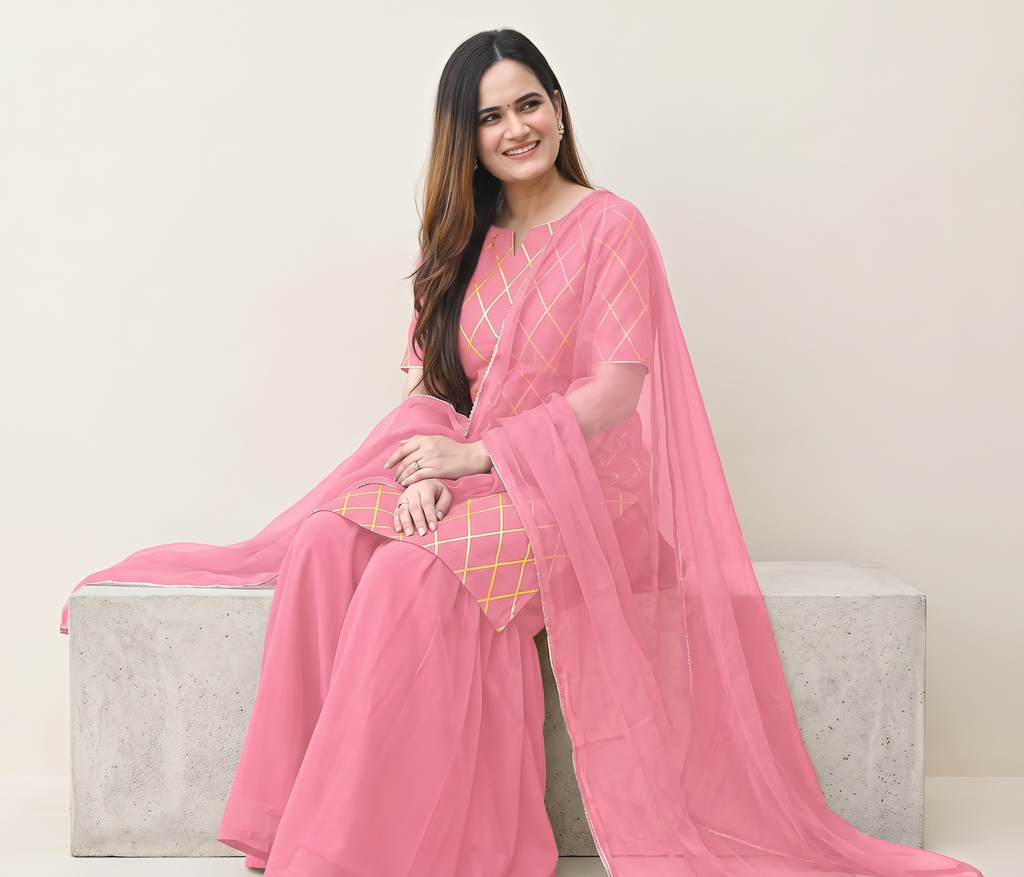 Women's Trendy Design Cotton Kurta Sharara Set With Dupatta