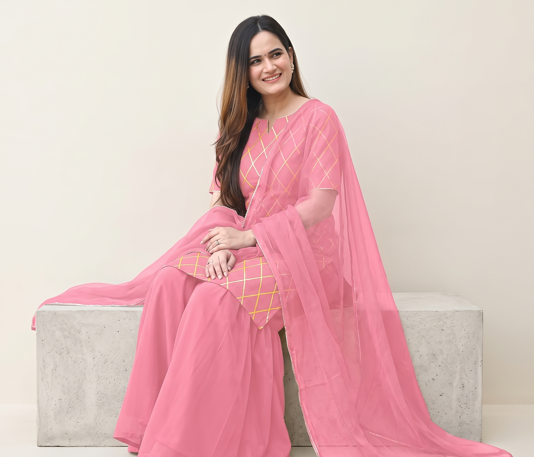 Women's Trendy Design Cotton Kurta Sharara Set With Dupatta