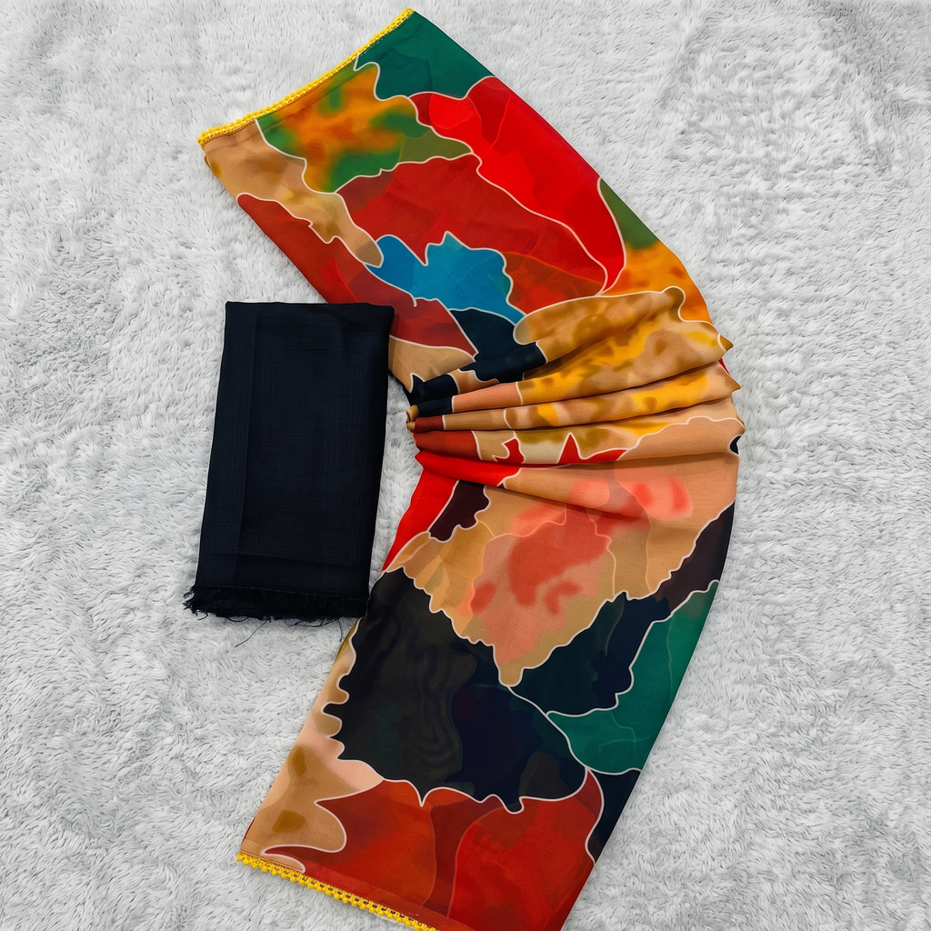 Multicolor Abstract Print Georgette Saree with Lace Border & Blouse Piece