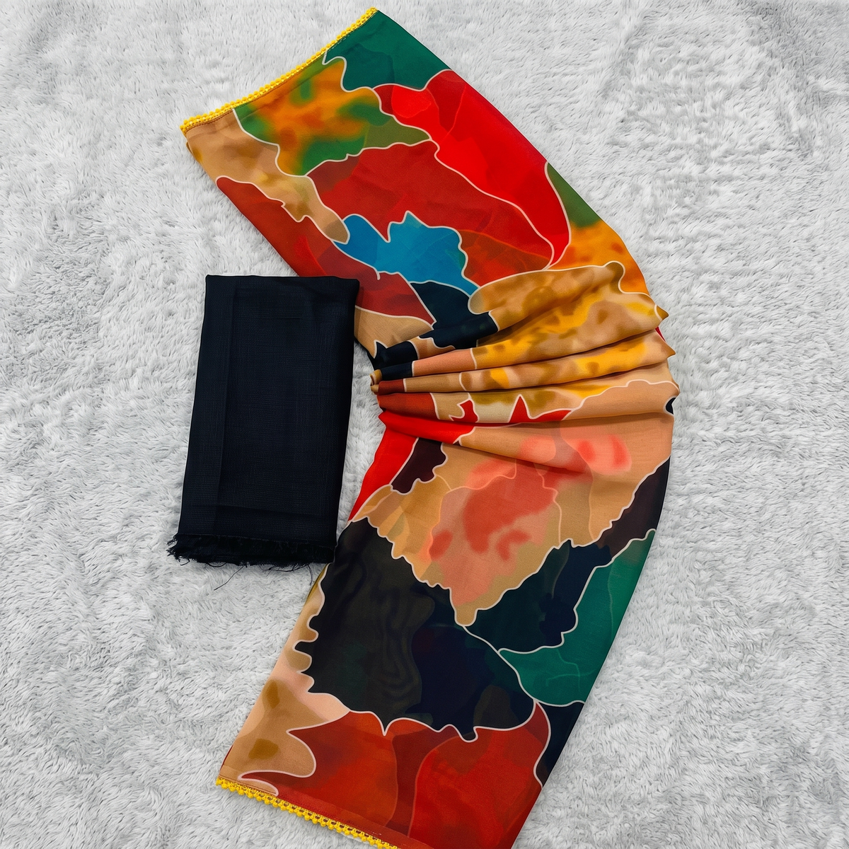 Multicolor Abstract Print Georgette Saree with Lace Border & Blouse Piece