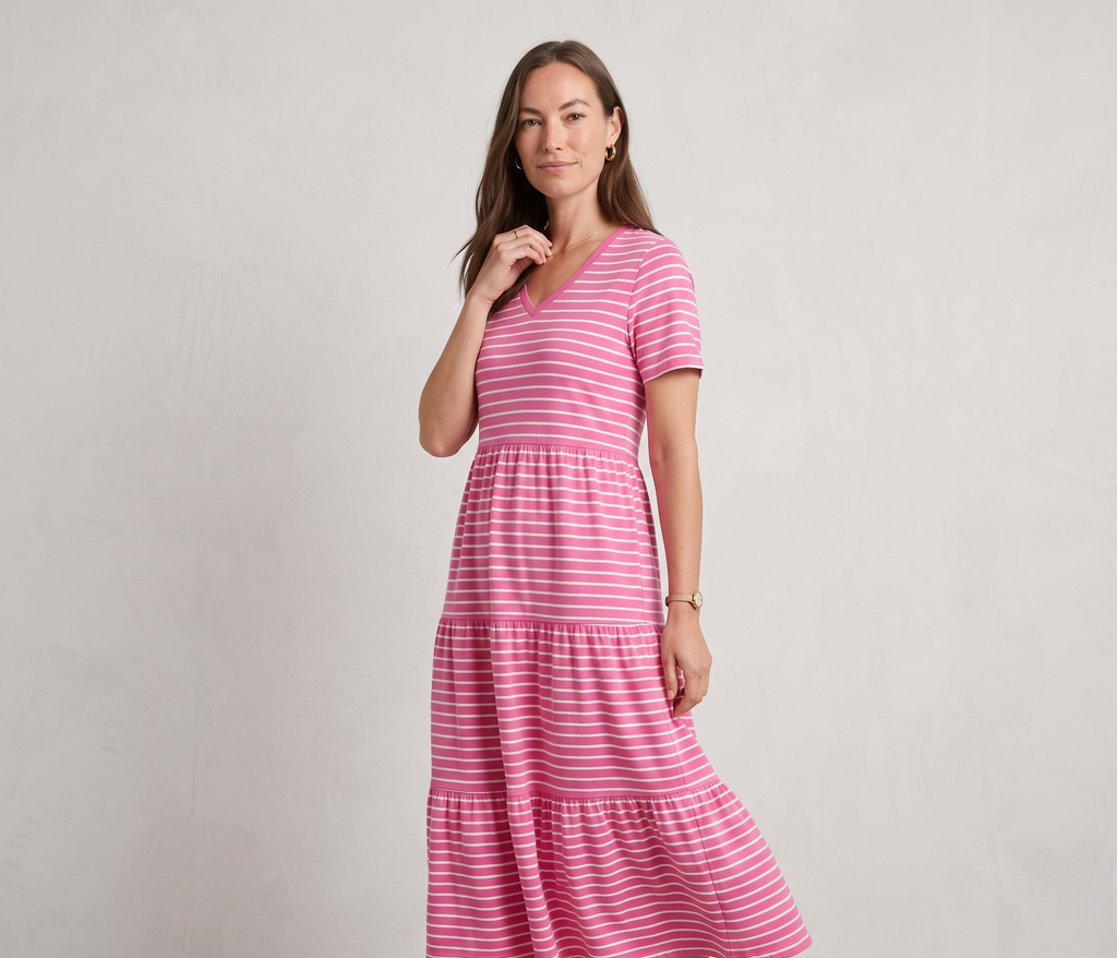 LADIES V NECK FUSCHIA WHITE STRIPE SHORT SLEEVE DRESS