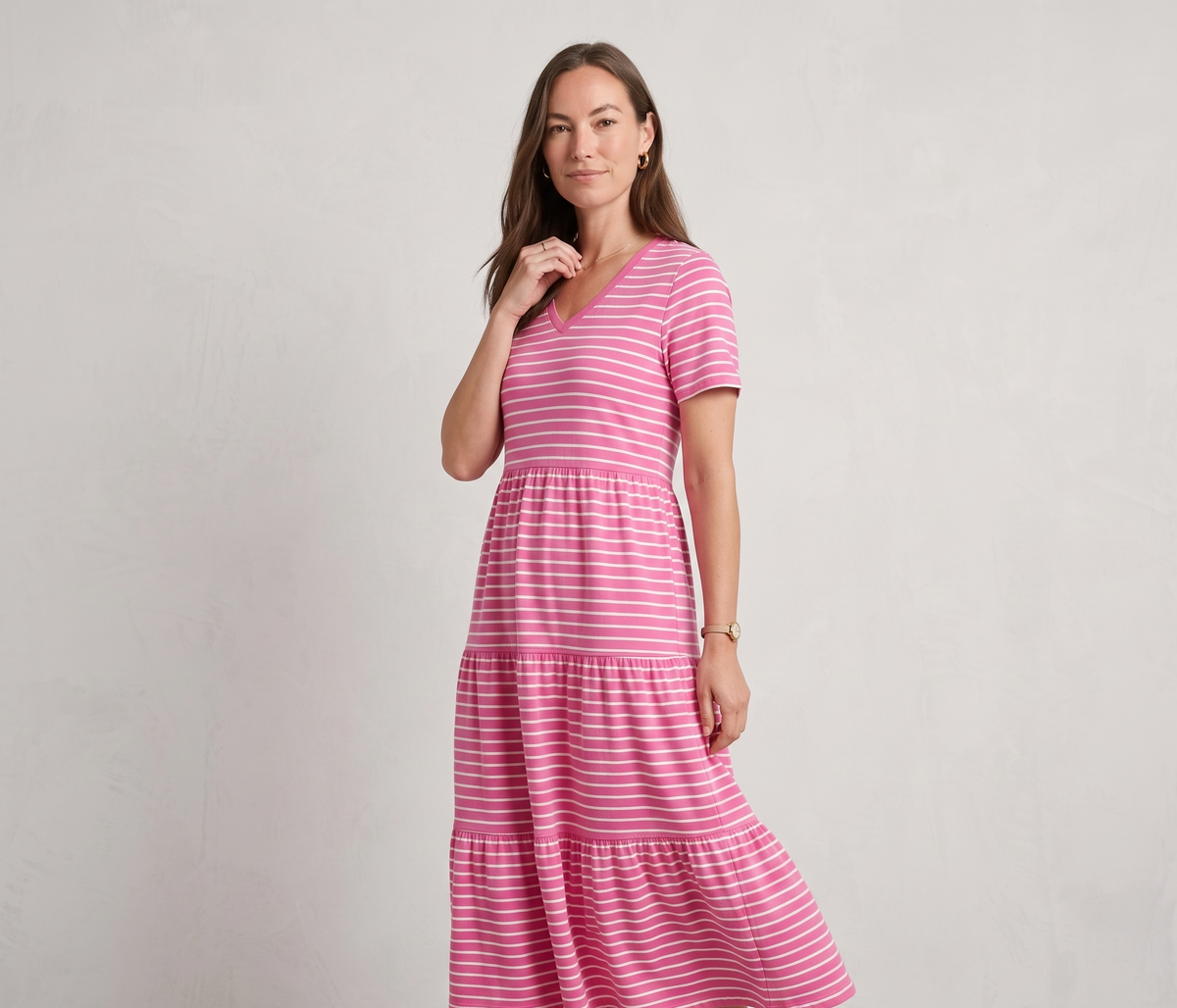 LADIES V NECK FUSCHIA WHITE STRIPE SHORT SLEEVE DRESS