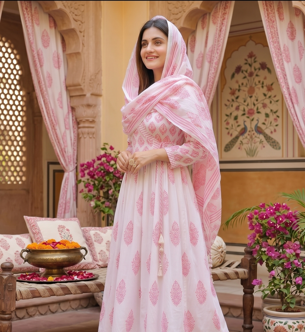 anarakali kurti and dupatta pink