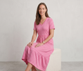 LADIES V NECK FUSCHIA WHITE STRIPE SHORT SLEEVE DRESS