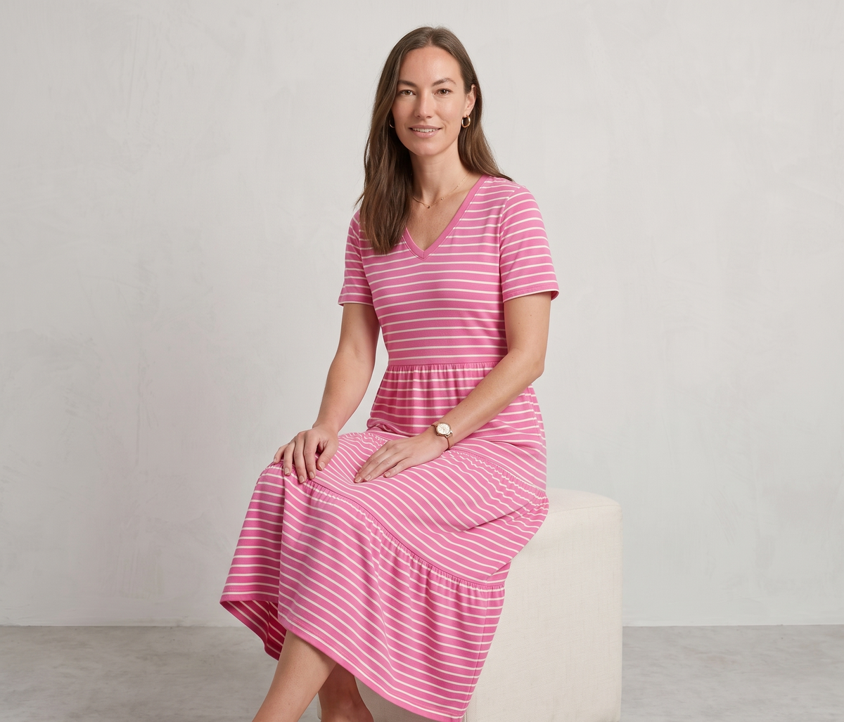 LADIES V NECK FUSCHIA WHITE STRIPE SHORT SLEEVE DRESS