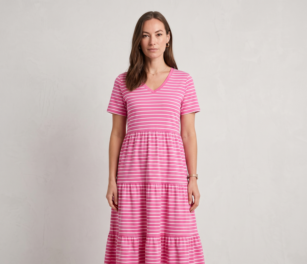 LADIES V NECK FUSCHIA WHITE STRIPE SHORT SLEEVE DRESS