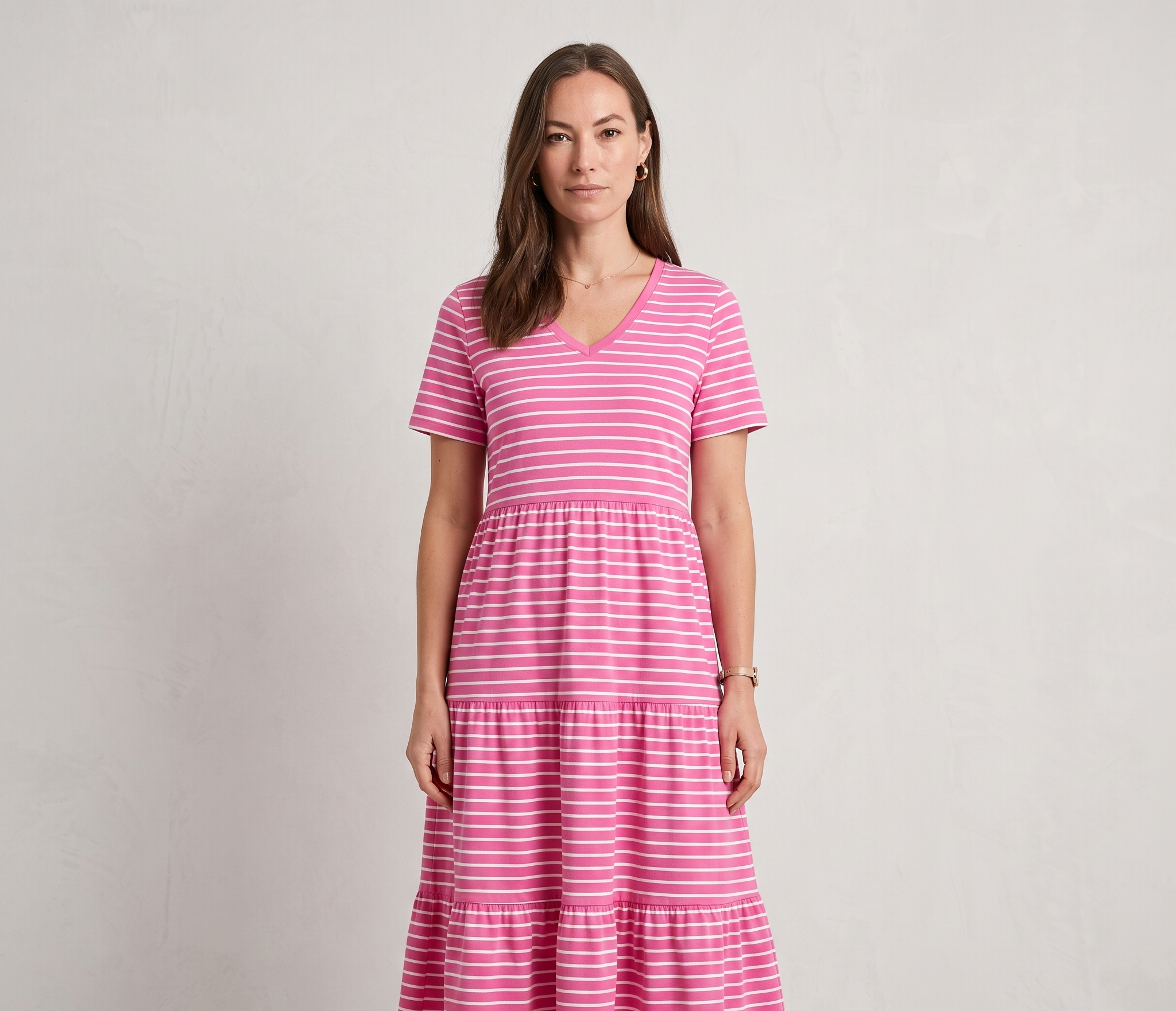 LADIES V NECK FUSCHIA WHITE STRIPE SHORT SLEEVE DRESS