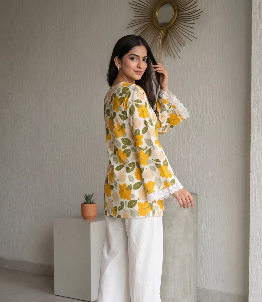 Stylish Cotton Yellow Floral Printed Kurti Top