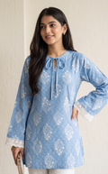 Women Cotton Printed Short Kurti With Bell Sleeve & Lace Border Mauve Pink